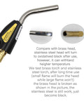 Double Valve Self Ignition Torch For MAPP And Propane with stainless steel head, showing size comparison and durability notes.