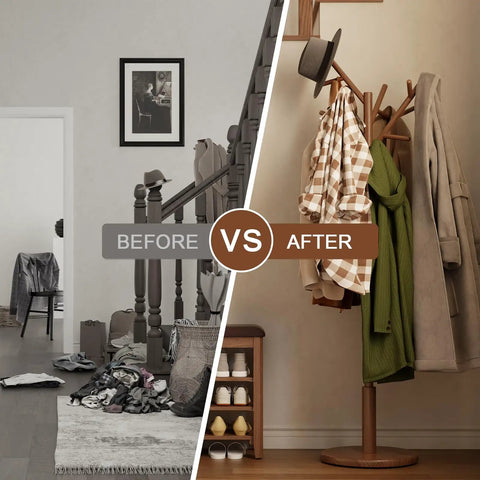 Before and after of a tidy entryway with solid wood coat rack freestanding tree with 12 hooks and 3 height levels adjustable coat stand for entryway or bedroom a real game changer for coats hats bags and scarves walnut finish