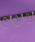 Premium Punk Belt With Chain For Women Adjustable Leather Body Chain Gothic Accessory with silver rings and chains on purple background.