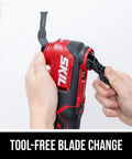 Heavy Duty 20V Brushless Cordless Oscillating Multi Tool Kit in use for tool-free blade change demonstration.