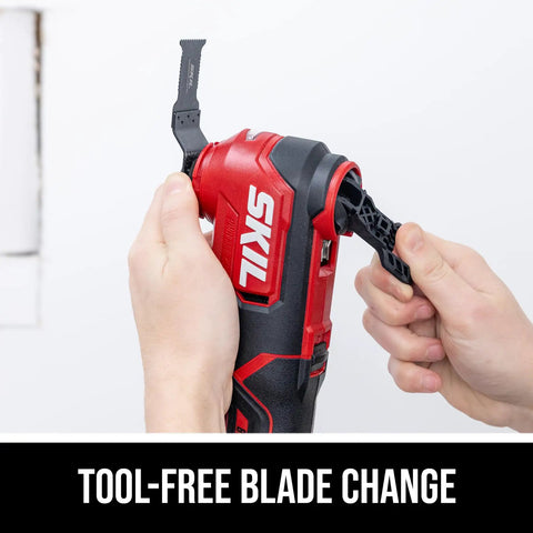 Heavy Duty 20V Brushless Cordless Oscillating Multi Tool Kit in use for tool-free blade change demonstration.