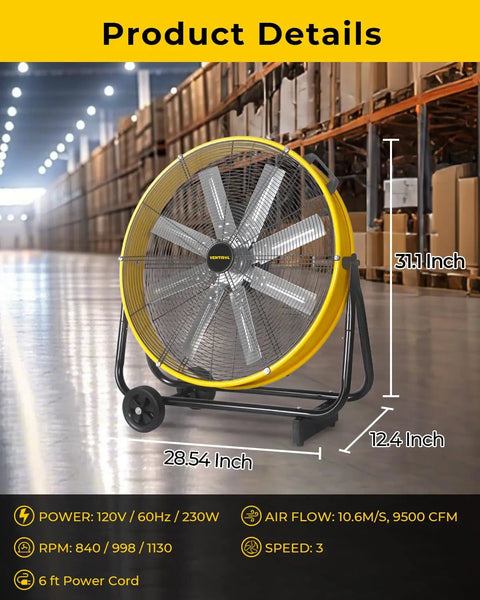 Beast 24 Inch High Velocity Industrial Drum Floor Fan with 3 Speeds, Quiet Operation, 9500 CFM, 8 Blades in warehouse setting