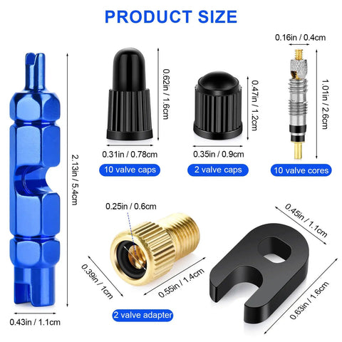 All In One Valve Core Repair Kit With Presta Tubeless Caps Core Removal Tools And Adapters 26 Piece Set product size details
