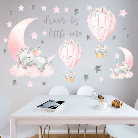 Whimsical Elephant Wall Stickers Set With Pink Moon And Grey Stars For Nursery And Kids Room, Hot Air Balloon Decor on wall