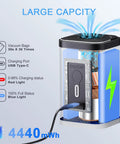 Portable cordless vacuum pump for storage bags; black with blue accents, USB-C charging and LED indicators