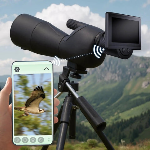 WiFi Telescope Camera Eyepiece with 4.3 inch screen on tripod, displaying bird image on smartphone, suitable for 26mm-47mm telescopes