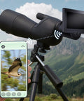 WiFi Eyepiece Camera For Telescopes With 4.3 Inch HD Screen in use on a tripod showing real-time live view of a bird on smartphone.