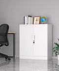 Locking Metal Storage Cabinet With Adjustable Shelves For Home Office And Garage Black Compact Lockable Cabinet With Doors And Door Catch For Secure Storage Heavy Duty Build No Fuss, shown in a modern office setting.
