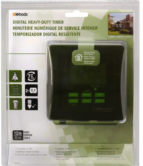 Packaging of Heavy Duty Outdoor Digital Plug In Timer With 7 Day Programmable Schedule, Dual Grounded Outlets