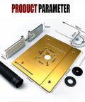 Rock Solid Aluminum Router Table Insert Plate 9.4 By 7.9 Inches with clear safety cover, features detailed measurements and accessories.