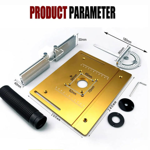 Rock Solid Aluminum Router Table Insert Plate 9.4 By 7.9 Inches with clear safety cover, features detailed measurements and accessories.