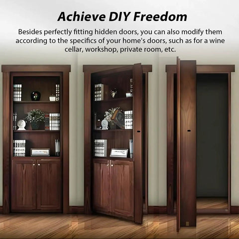 Sneaky Secure Secret Book Latch Kit For Seamless Hidden Door Hideaway Setup With No Fuss Easy Installation And Slick Discreet Privacy Lock Compatible With Custom Bookshelf Walls shown in a home setting with open and closed bookcase doors.