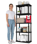 Super Slim 5 Tier Plastic Storage Shelves In Black With Zero Sweat Snap Together Build Perfect For Tight Corners And Mudrooms Keeping Your House Totally Clutter Free Straight Up Sturdy with items organized on each shelf.