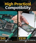 Pro Grade 200W Digital Soldering Station Kit in use with F245 and F210 tips shown on electronic boards.