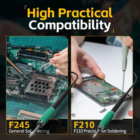 Pro Grade 200W Digital Soldering Station Kit in use with F245 and F210 tips shown on electronic boards.