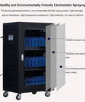 Hassle Free Phone Charging Locker And Tech Organization Hub For 40 To 60 Gadgets with steel frame and blue compartments shown from side angle.