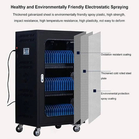 Hassle Free Phone Charging Locker And Tech Organization Hub For 40 To 60 Gadgets with steel frame and blue compartments shown from side angle.
