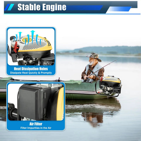 4 Stroke 9HP Outboard Motor with 225cc Engine, air-cooled on fishing boat, highlighting heat dissipation and air filter features