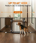 Extra Wide 60 Inch Free Standing Dog Gate For Home Doorways Rock Solid Metal Pet Fence with dog in doorway.
