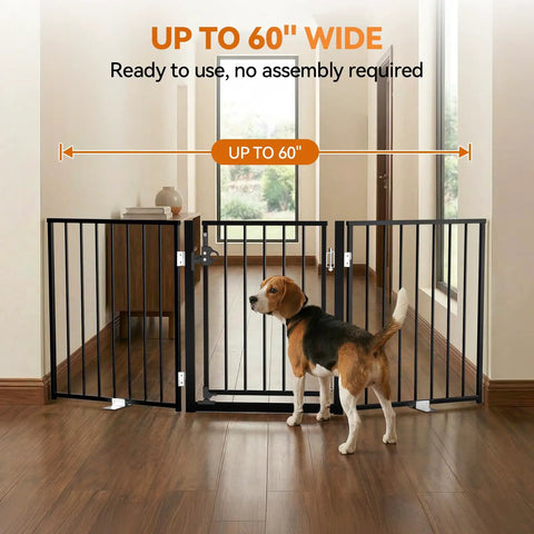 Extra Wide 60 Inch Free Standing Dog Gate For Home Doorways Rock Solid Metal Pet Fence with dog in doorway.