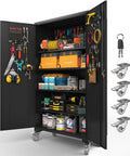 Tall And Wide Metal Storage Cabinet With Doors And Four Adjustable Shelves Beefy Heavy Duty Lockable Garage Cabinet On Wheels With Pegboard System For Office Gym Basement And Warehouse Black, open with tools