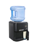 Countertop Hot And Cold Water Dispenser With 3 To 5 Gallons Capacity and Child Safety Lock, black ABS, on white background.