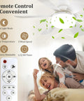 Compact 20.5 Inch Ceiling Fan With Built In Light And Wireless Remote featuring a remote, family enjoying breezy comfort indoors.