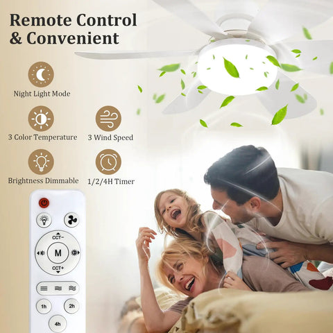 Compact 20.5 Inch Ceiling Fan With Built In Light And Wireless Remote featuring a remote, family enjoying breezy comfort indoors.
