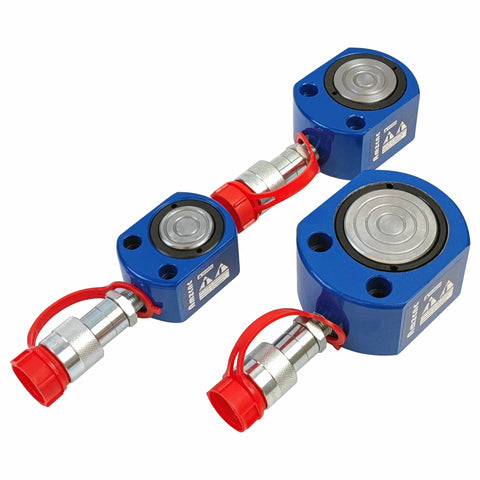 Low Profile 5 Ton Hydraulic Ram Cylinder With 7mm Stroke For Confined Spaces, two blue cylinders with connectors