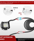Badass Heavy Duty 2 Pack 16 Awg 10 Ft Wiring Harness Extension Kit For Led Work Light Bars And Pods Off Road Truck Rig Setup No Mess Easy Install Black shown before and after installation.