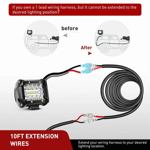 Badass Heavy Duty 2 Pack 16 Awg 10 Ft Wiring Harness Extension Kit For Led Work Light Bars And Pods Off Road Truck Rig Setup No Mess Easy Install Black shown before and after installation.