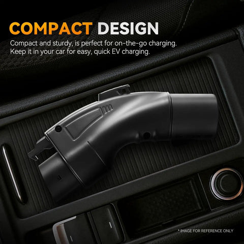 Tesla To SAE J1772 EV Charging Adapter Black 48A 250V AC on console, showcasing compact design for easy on-the-go charging.