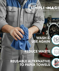 Person holding Blue Reusable Shop Towels 14 By 12 Inches Pack Of 150 Cotton Cleaning Rags For Home And Garage