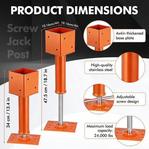Heavy Duty Screw Jack Posts Level Floors Like A Boss With Rock Solid 24000 Lb Capacity Adjustable 4X4 House Foundation Supports dimensions showing steel construction.