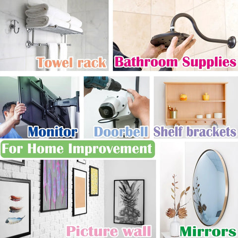 Collage of home improvement items including towel rack, bathroom supplies, monitor mount, doorbell drill, and mirror.