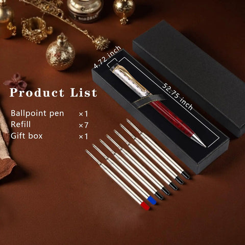 Premium Retractable Ballpoint Pen Set With Metal Body 7 Refills In Black Blue Red in Gift Box, Desk Accessory
