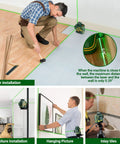 Three 360 Degree Green Line Lasers Self Leveling Pro Grade Laser Level With USB Rechargeable 5200mAh Battery in use for flooring