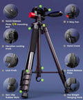 74 Inch Lightweight Camera Tripod For Mirrorless DSLR Phone And Camcorder Aluminum Stand With Holder Displaying Features