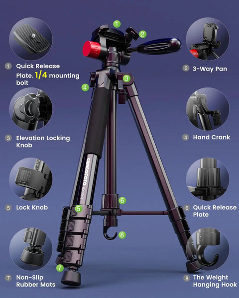 74 Inch Lightweight Camera Tripod For Mirrorless DSLR Phone And Camcorder Aluminum Stand With Holder Displaying Features