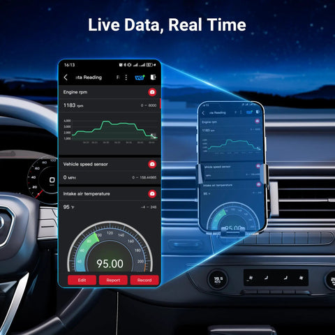 Bluetooth OBD2 Scanner With Full System Diagnostics For All OBDII Cars Since 1996 displaying live data on mobile screen