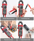 Rugged Digital Clamp Meter And Multimeter with TRMS 6000 counts showing diode, continuity, resistance, and capacitance tests.