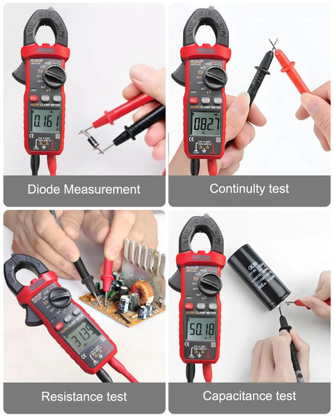 Rugged Digital Clamp Meter And Multimeter with TRMS 6000 counts showing diode, continuity, resistance, and capacitance tests.