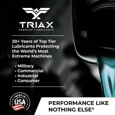 Triax premium lubricants bottle pouring, highlighting top-tier protection for extreme machines and Made in USA label