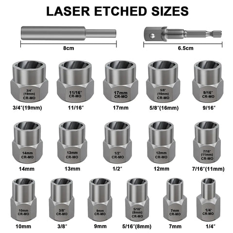 Stripped Bolt Extractor Kit - 18-Piece Socket Set shown with laser-etched sizes, impact-resistant CR-MO steel, various socket sizes