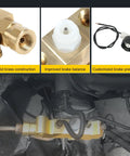 Heavy Duty Solid Brass Brake Proportioning Valve For Disc Front Drum Rear Systems Adapts To Dual Reservoir Master Cylinders viewed from multiple angles, showcasing solid brass and hydraulic design.