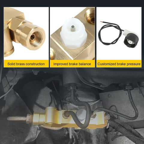 Heavy Duty Solid Brass Brake Proportioning Valve For Disc Front Drum Rear Systems Adapts To Dual Reservoir Master Cylinders viewed from multiple angles, showcasing solid brass and hydraulic design.