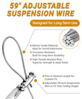 59 inch adjustable suspension wire with marine grade material and corrosion resistant features for Heavy Duty 4 Pack Ceiling Rod Supports.