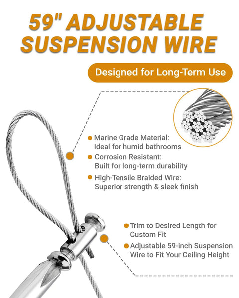 59 inch adjustable suspension wire with marine grade material and corrosion resistant features for Heavy Duty 4 Pack Ceiling Rod Supports.