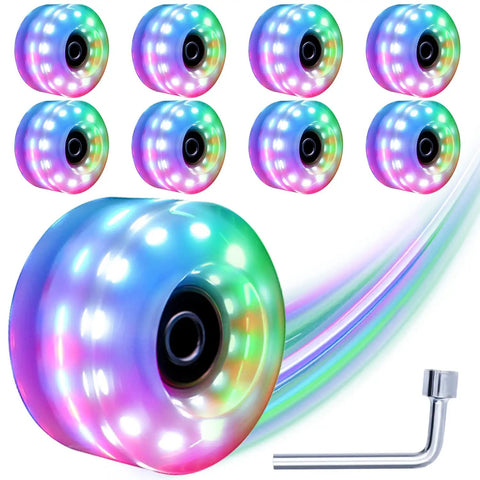 8 Pack Light Up Roller Skate Wheels With Preinstalled Bearings For Double Row Skating And Skateboards 32mm X 58mm 82A Polyurethane Wheels Includes Mounting Wrench