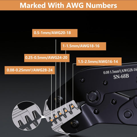 6 In 1 Wire Crimping Tool For Non-Insulated Open Barrel Terminals, AWG 28-16 Crimper Pliers with labeled AWG sizes